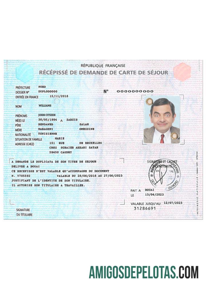 Recibo de solicitação de cartão de residência na França exemplo real